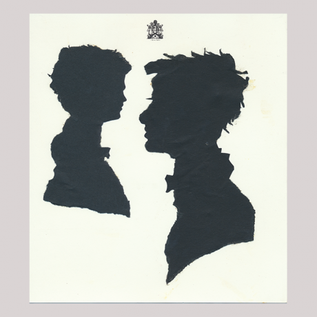 
        Front of silhouette, with man on the right looking left; a boy on the left looking right. At the top an emblem.